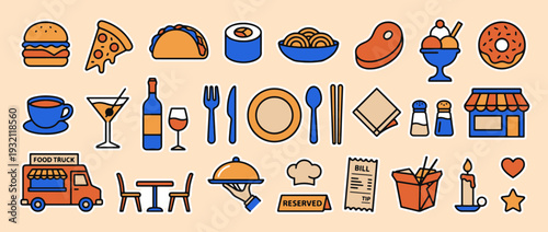 Culinary Icons: A vibrant assortment of diverse food items and restaurant essentials is neatly arranged, creating a visually appealing array of delightful culinary elements.