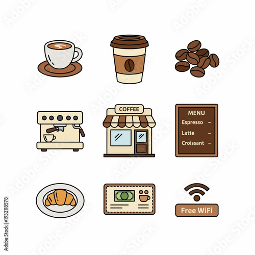 icon set of coffee shop and related items in flat design
