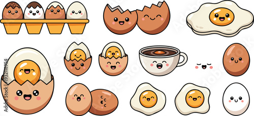 Cute kawaii egg illustration set with happy faces, cooking styles, and carton layout in clean vector design.