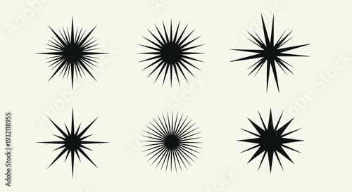 Collection of bursting star and sunburst shape icons, radiating light and energy symbols, in bright studio