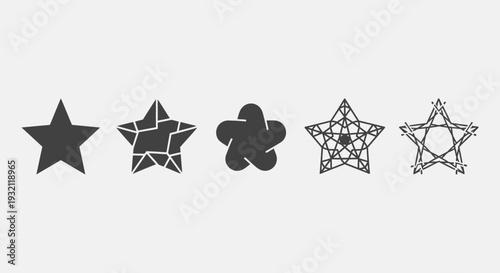 Set of Five Diverse Star Shapes in Black and Outline on Light Grey Background