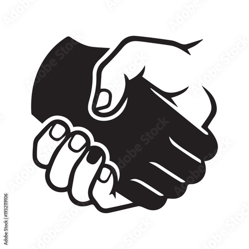 Black and white interlocked hands vector illustration symbolizing unity, equality, and partnership in a yin yang shape
