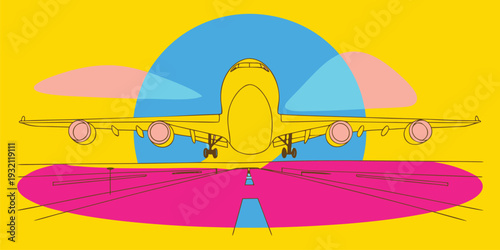 Vibrant yellow airplane preparing for takeoff on a runway with colorful abstract shapes in background