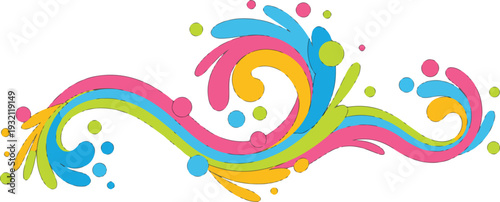 Vibrant abstract rainbow swirl pattern with flowing curved shapes in retro psychedelic vector illustration style.