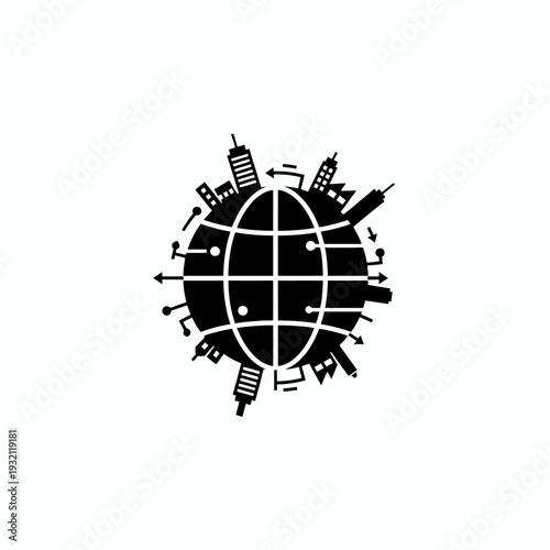 Global business network connecting cities and industries worldwide, representing international trade and communication