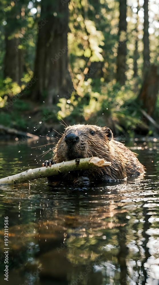 Naklejka premium North American beaver gnawing on wooden branch in forest pond with water droplets and natural woodland background for wildlife photography.