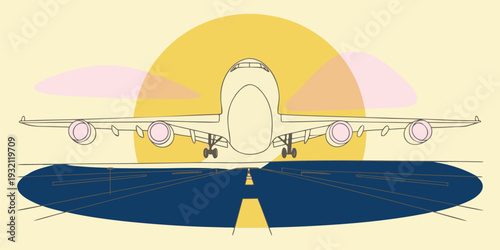 Commercial passenger airplane taking off from an airport runway during a golden sunset evening sky illustration