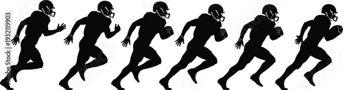 American football player silhouette sequence showing a runner in motion carrying the ball, sports athlete in protective gear sprinting.