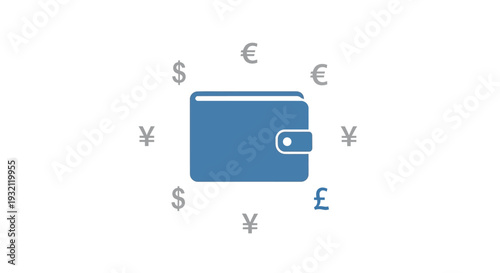 Blue Wallet with Currency Symbols Around.