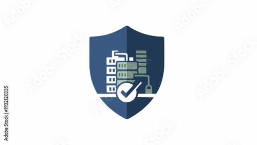 Shield with checkmark and cityscape.