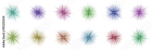 Set of colorful chakra energy points, aura healing symbols, abstract glowing light bursts for meditation