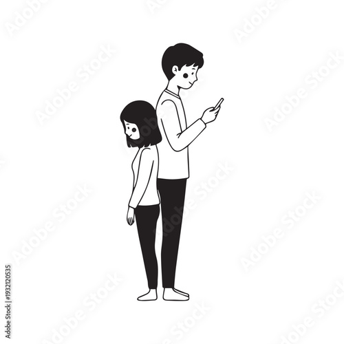 Minimalist line art illustration of a tired woman leaning on a man's back while he uses his smartphone
