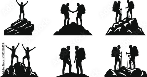 Black Silhouette Set of Mountain Climbers and Hikers with Backpacks Reaching Summits and Shaking Hands Isolated on a White Background
