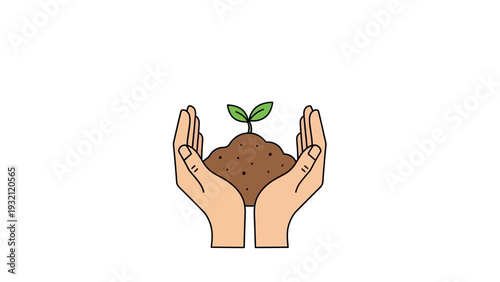 Hands holding soil with green sprout.
