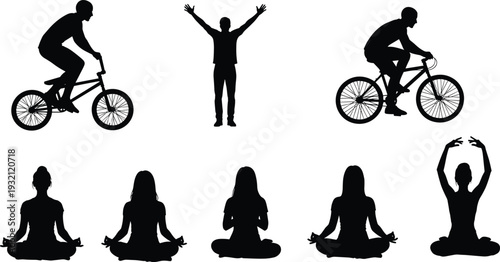 Black Silhouette Set of People Cycling Riding Bicycles and Practicing Yoga Meditation Poses for Healthy Lifestyle Design Isolated on White