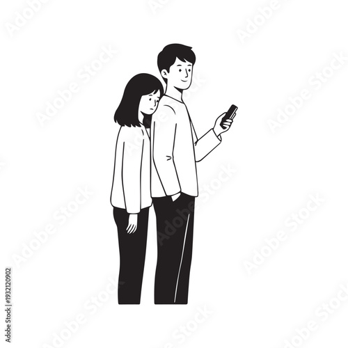 Minimalist line art illustration of a tired woman leaning on a man's back while he uses his smartphone
