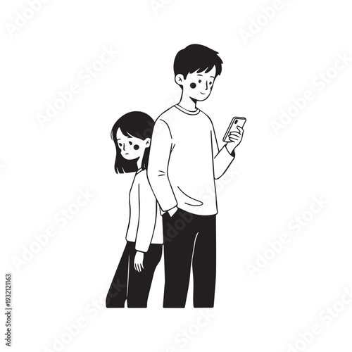 Minimalist line art illustration of a tired woman leaning on a man's back while he uses his smartphone
