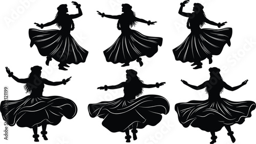 Black silhouettes of Hawaiian hula dancers wearing traditional grass skirts and leis performing tropical island folk dance on white background