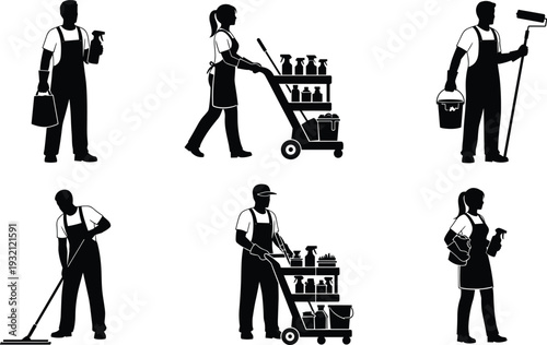 Black silhouettes of professional cleaning staff with janitorial carts mops buckets and spray bottles for commercial service and maintenance concepts