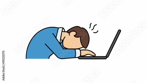 Man Sleeping at Laptop Computer.
