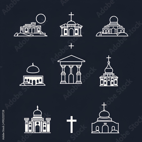Sacred Sites Icons. Sacred Sites Tourism. Line icon set of Sacre