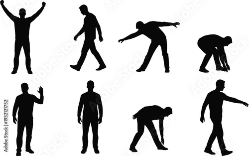 Collection of black silhouettes of hikers and backpackers with trekking poles, men and women walking, sitting, and celebrating on mountain peaks.