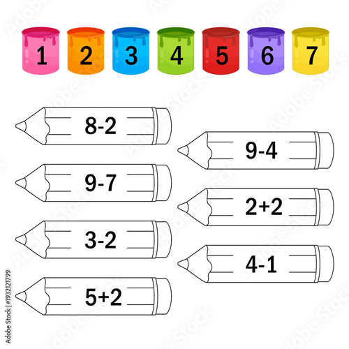 Counting educational children game. Calculate the mathematical examples
 and color the objects in the correct color. Math kids activity sheet.