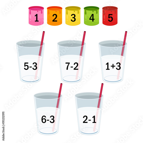 Counting educational children game. Calculate the mathematical examples
 and color the objects in the correct color. Math kids activity sheet.