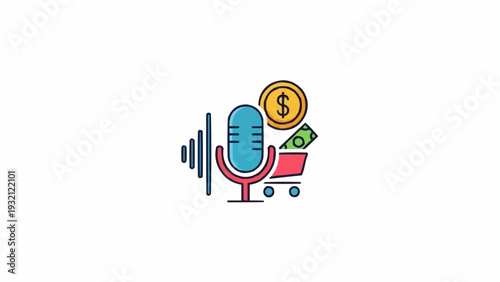 Shopping cart with microphone and money.