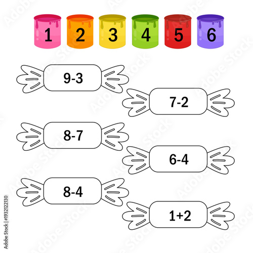 Counting educational children game. Calculate the mathematical examples
 and color the objects in the correct color. Math kids activity sheet.