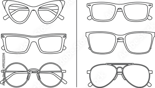 Eyewear frame collection featuring various glasses styles like aviator, cat eye, round, and rectangular frames in thin black line art.