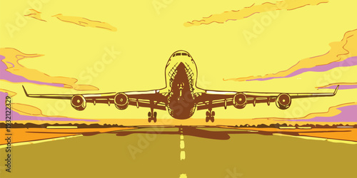 Graphic illustration of a passenger jet accelerating on a runway during a golden sunset