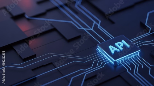 API chip glowing brightly on a futuristic dark circuit board background, symbolizing crucial digital technology integration and seamless interconnected data flow