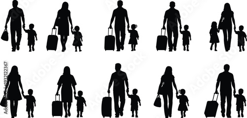 Family travel silhouette set featuring parents walking with children holding hands and carrying suitcases isolated on white background for tourism.