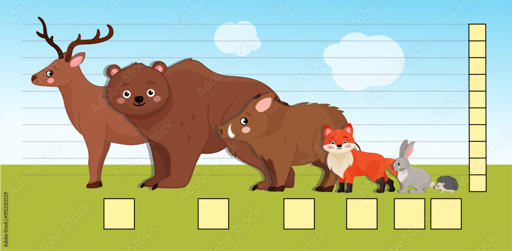 Fototapeta premium Matching children educational game. Learning the concept of high and low. Educational game for elementary school children. Printable template for kindergarten. 