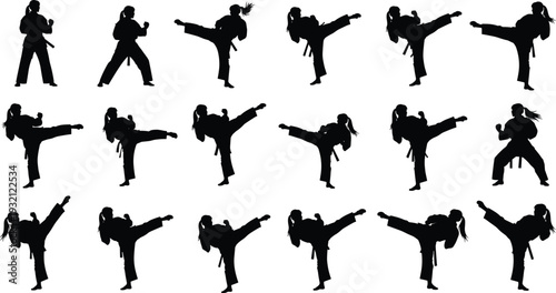 Female martial arts athlete silhouette collection featuring karate and taekwondo poses, high kicks, fighting stances, and sports combat training.
