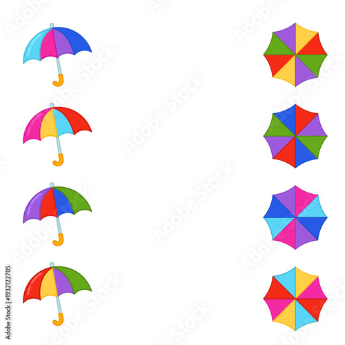 Matching children educational game. Match the identical umbrellas. An educational logic game. Activity for pre sсhool years kids and toddlers.