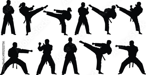 Karate martial arts silhouette set featuring fighter poses with high kicks and punches in kimono isolated on white background for design.
