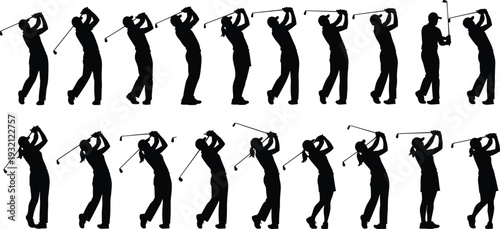 Large vector collection of male and female golfer silhouettes showing various stages of the golf swing, from backswing to follow-through.