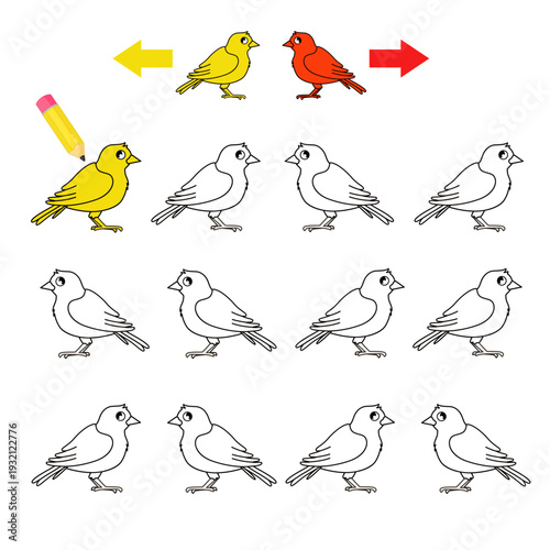 Vector worksheet for preschoolers. Learning right-left. Color the birds according to the pattern.
