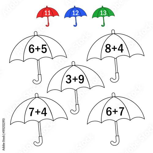 Counting educational children game. Calculate the mathematical examples
 and color the objects in the correct color. Math kids activity sheet.