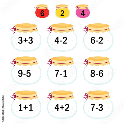 Counting educational children game. Calculate the mathematical examples
 and color the objects in the correct color. Math kids activity sheet.