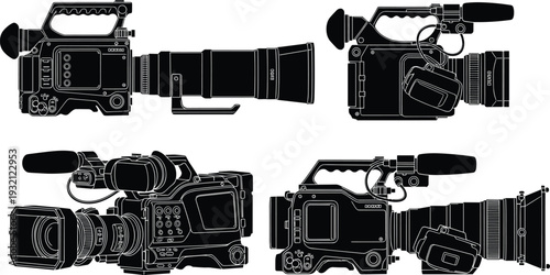 Professional digital cinema camera vector set showing high-end video recording equipment with microphones and telephoto lenses from various angles.