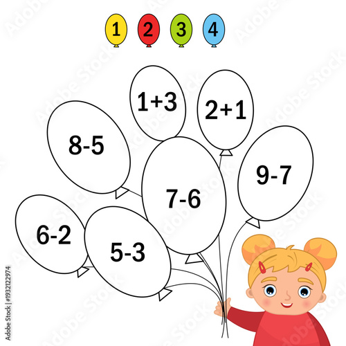 Counting educational children game. Calculate the mathematical examples
 and color the objects in the correct color. Math kids activity sheet.