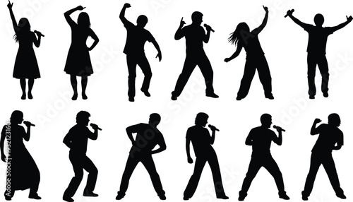 Set of black silhouettes showing male and female singers performing with microphones, dancing, and celebrating on stage in various vocal poses.