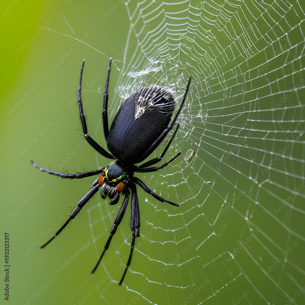 Obraz premium Photographs the moment a spider ensnares a fly, the dark black of its body providing a vivid contrast to the struggle and showcasing the efficiency of its intricate trap