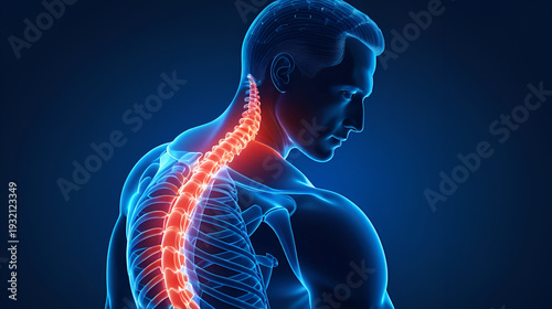 3D illustration of human upper body showing spine and shoulder pain with highlighted red area and dark blue background