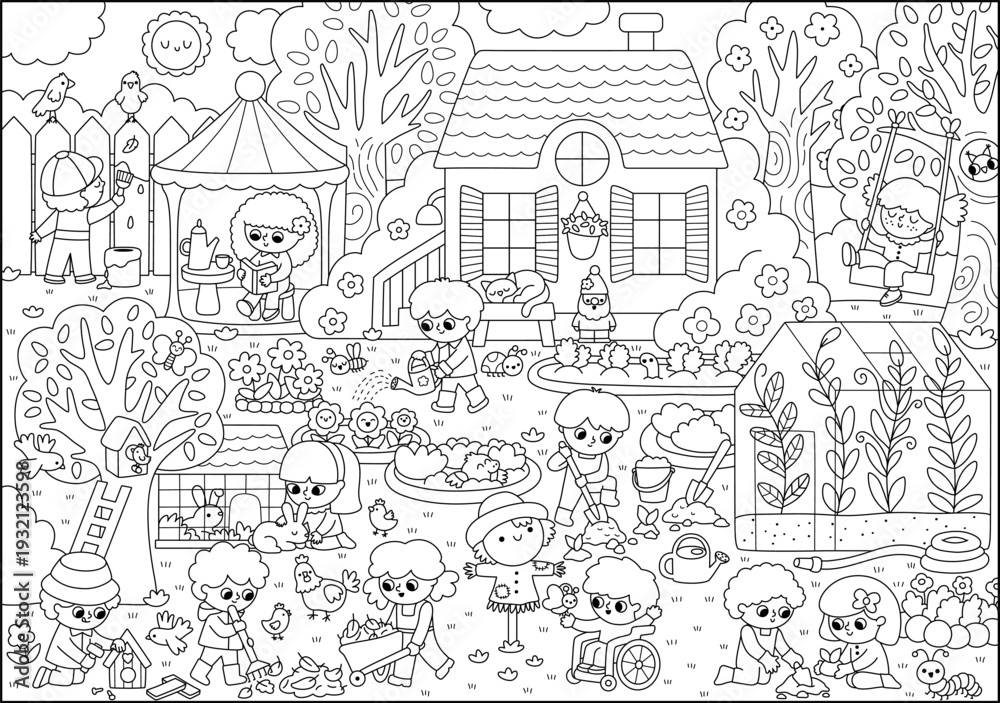 Obraz premium Vector black and white garden landscape. Country house line scene with greenhouse, kids doing work, growing plants. Cute spring nature background, coloring page with gardeners