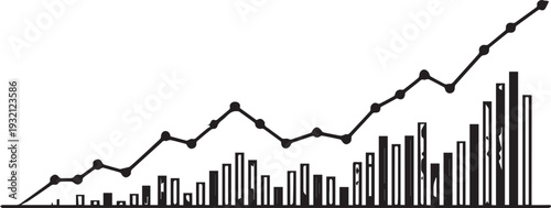 A simple black and white line graph trending upwards over a series of ascending bar charts.