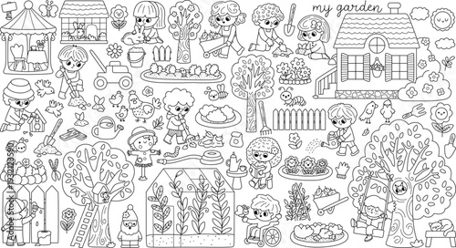 Vector black and white garden clipart set. Cute farm line icons collection with kids doing gardening work, growing plants. Nature illustrations with children. Spring or summer coloring page